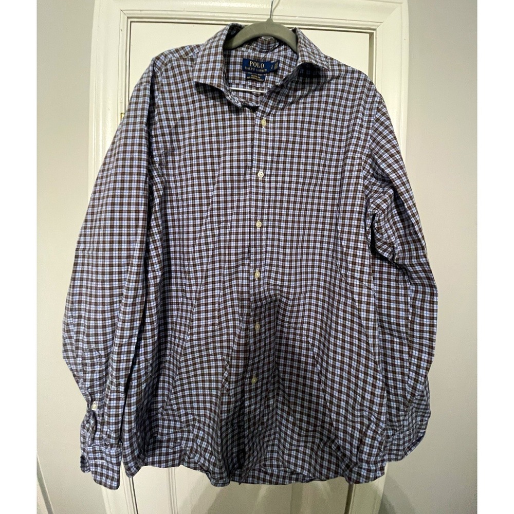 Polo Ralph Lauren Classic Fit Blue Brown White Check LS Button Down Shirt Mens L